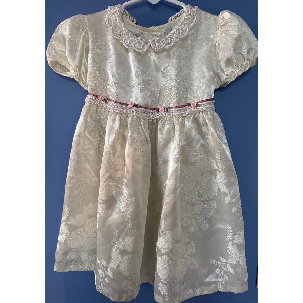 Vintage Rose Cottage Girls Ivory Floral Damask Lace Dress Rosettes Size 2T USA